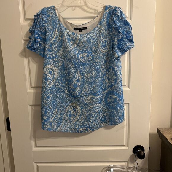 Antonio Melani Blue & White Blouse Size M Ruffle‎ On Sleeve - Picture 1 of 3